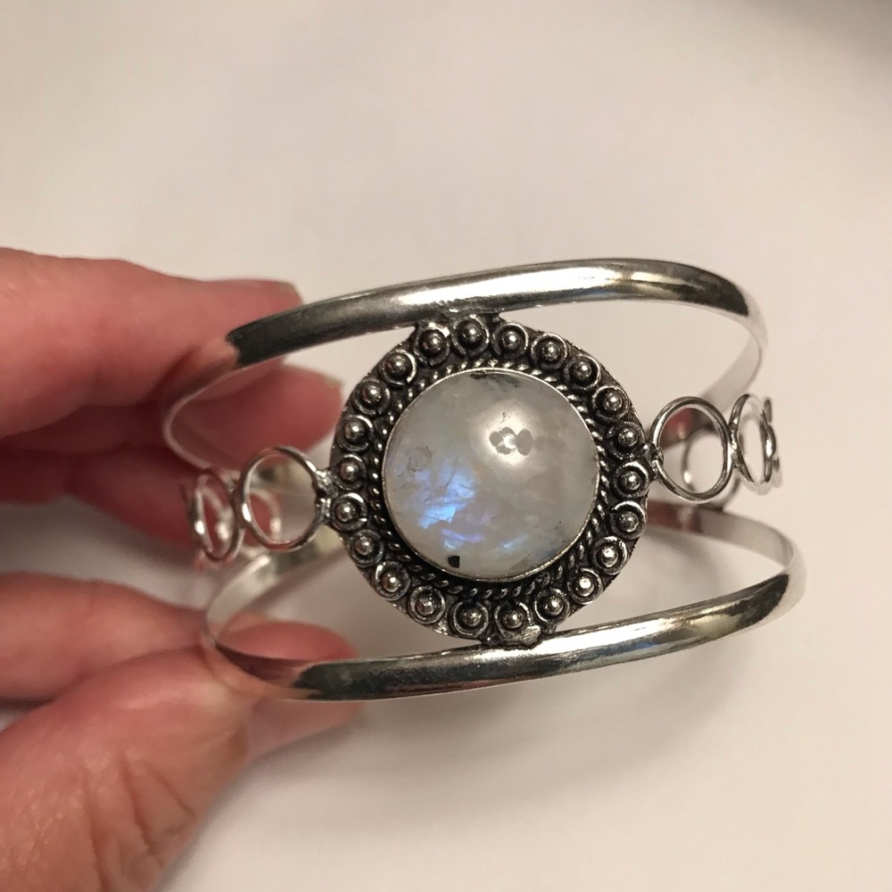 Rainbow Moonstone 925 Sterling Silver Cuff Bracelet